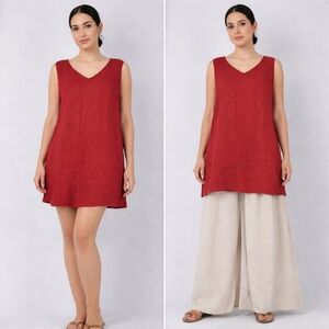FLAX Red Linen Tunic Dress Size M Lagenlook Sleeveless